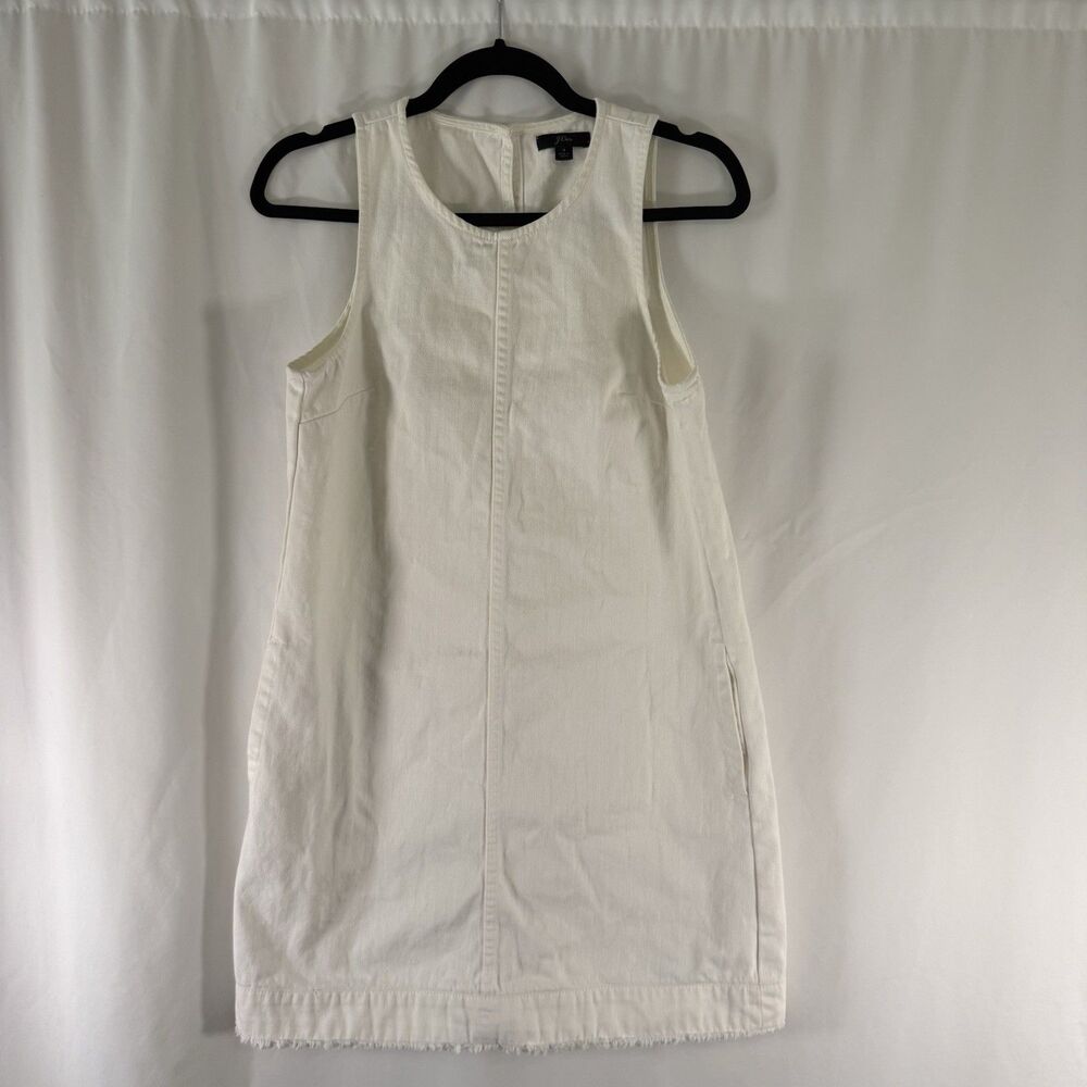 J Crew Denim Mini Dress Women's 4 White Sleeveless Shift Pockets Round Neck